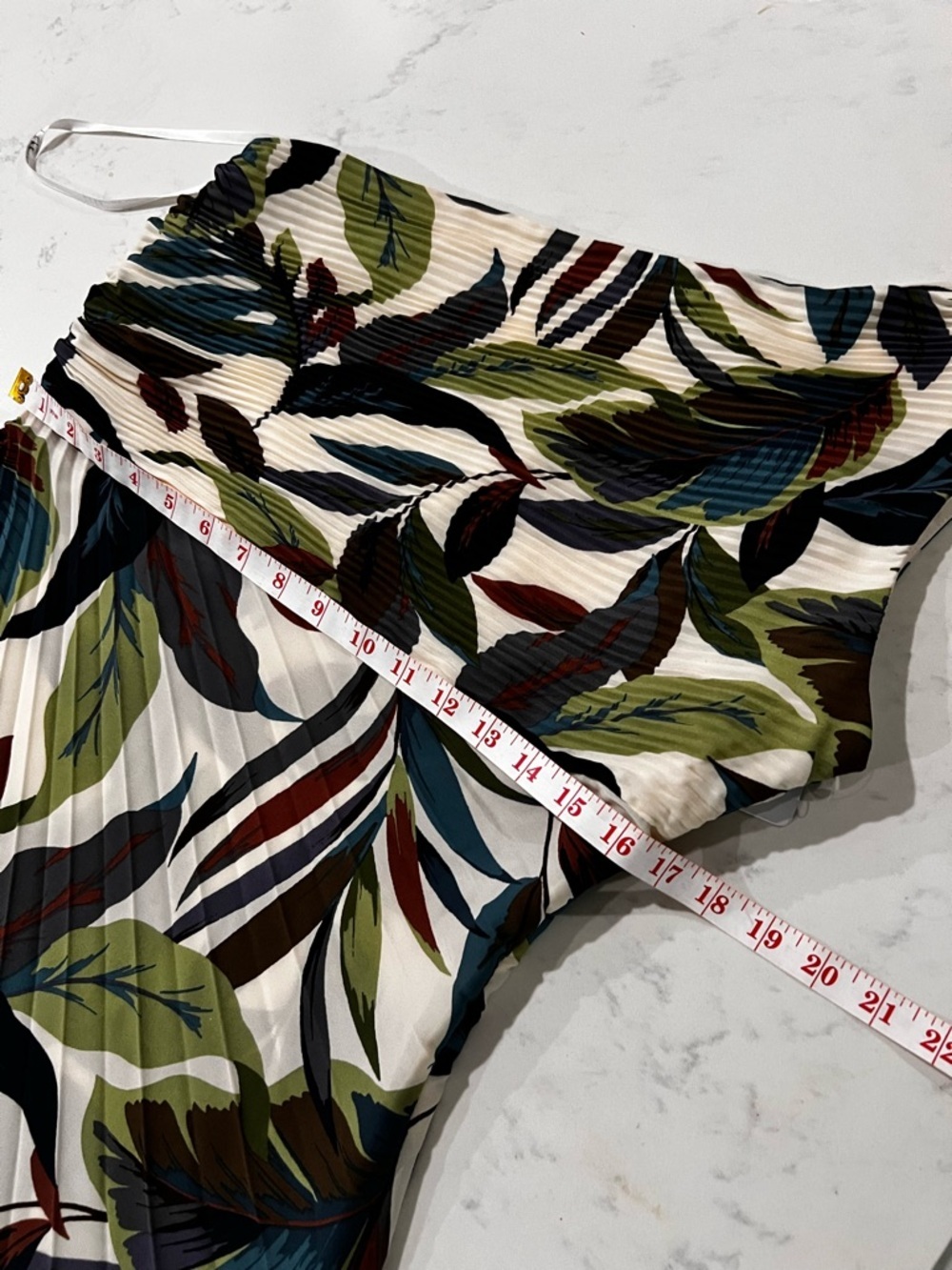 Nicole Miller One-Shoulder Leaf-Print Midi Dress in Green, Blue and Tan - Picture 12 of 16